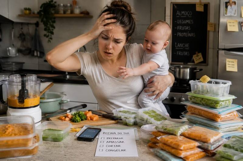 Mãe sobrecarregada na cozinha com o bebê no colo cercada de potinhos de papinha e alimentos congelados